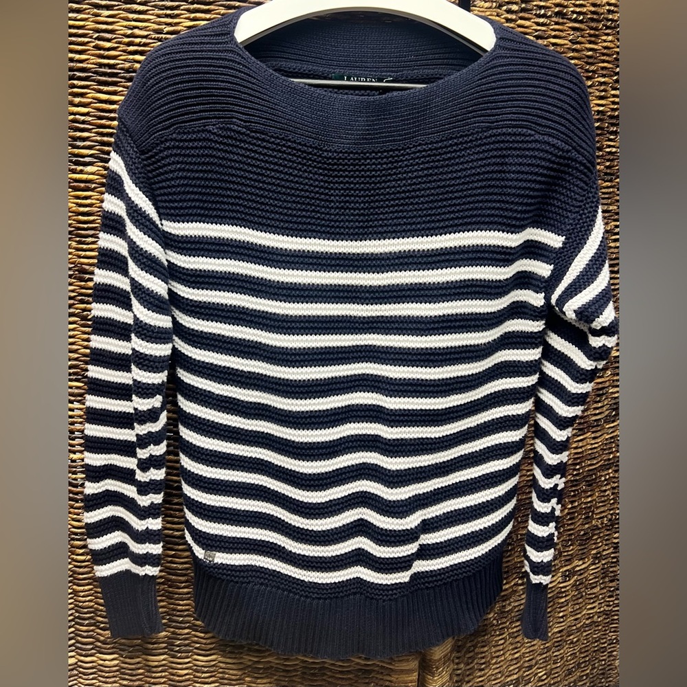Lauren Ralph Lauren-Navy and White Striped Sweater, Women’s Medium